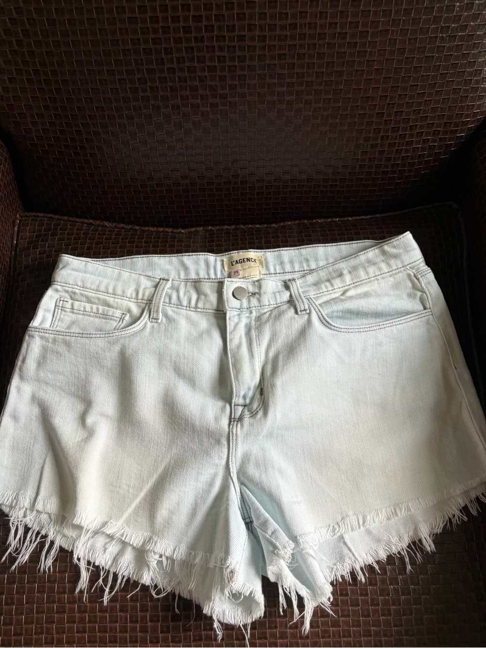L'AGENCE Pale Blue Frayed Hem Denim Shorts